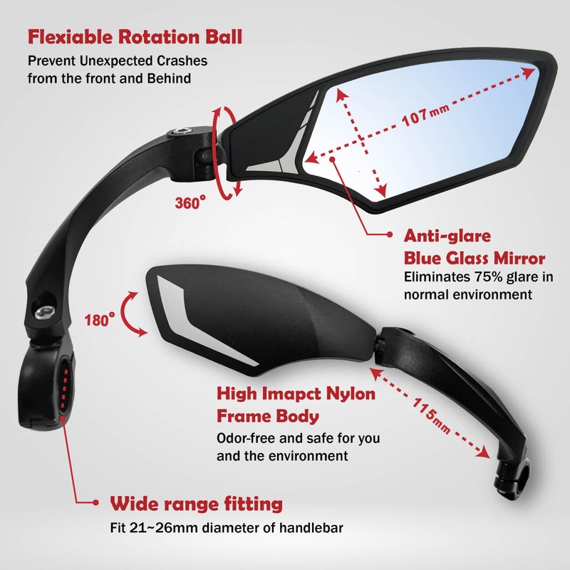 Hafny NEW Handlebar Bike Mirror, HD,Blast-resistant, E-bike Mirror, Glass Lens, HF-MR095 (Anti-glare Blue Right) - Image 2